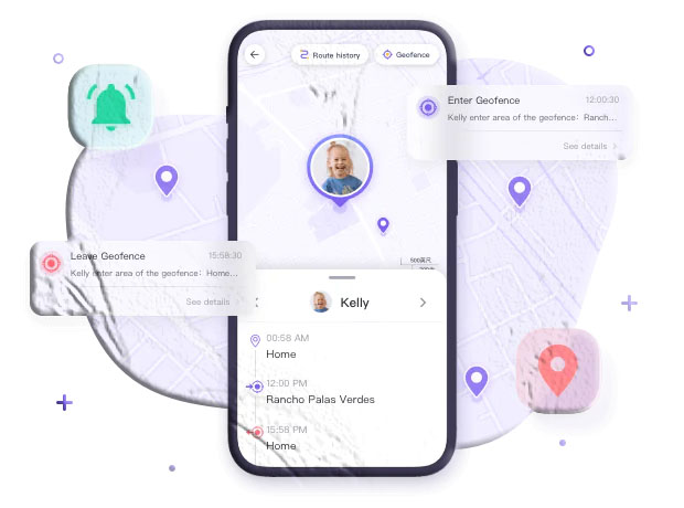 Birds-eye view illustration of a smartphone displaying a GPS map with a live location pin, surrounded by family members represented as user avatars, representing real-time family location sharing