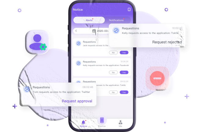 Configuring app restrictions in MyParental, with time limits, schedules, and a request notification visible