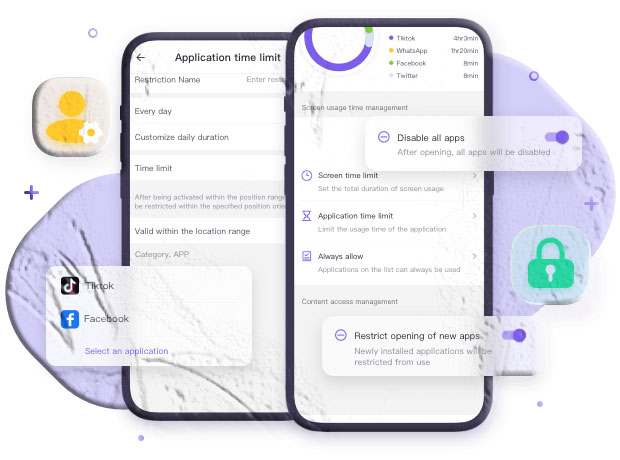 MyParental App Blocker dashboard showing which apps are allowed, restricted, or scheduled on a child's phone