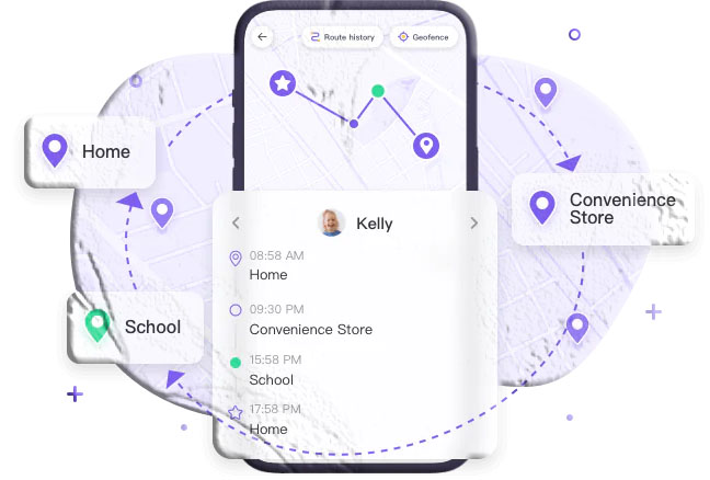 Parent sitting at a desk looking at a tablet showing a family location map with multiple pins, representing a parent using a family safety tracking app to monitor children's whereabouts