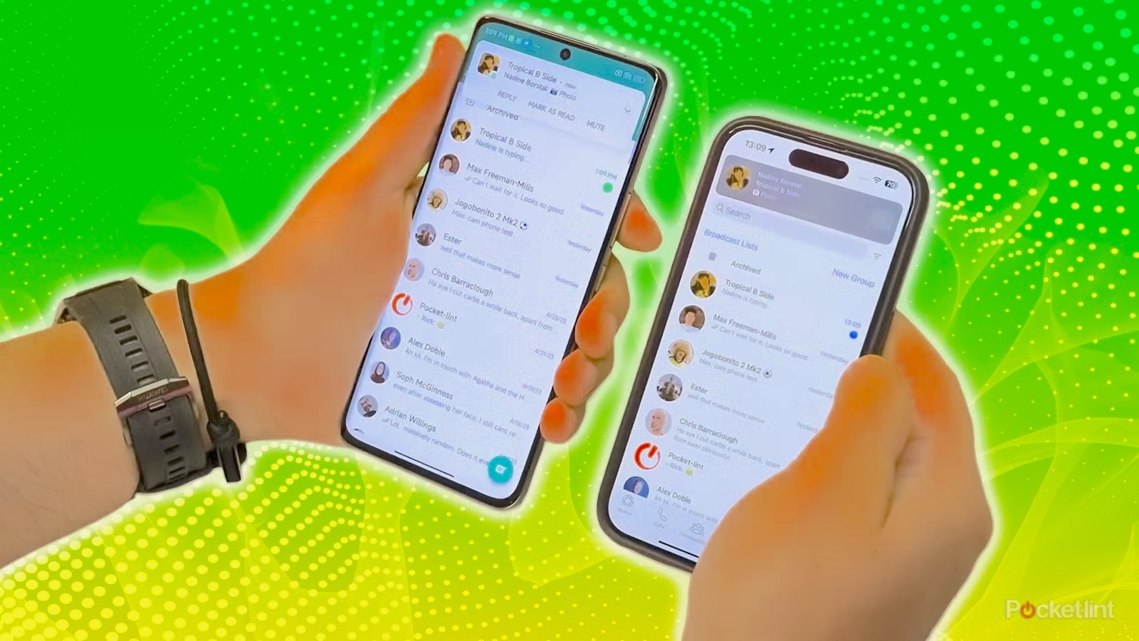 Smartphone displaying a WhatsApp profile screen with privacy settings visible, alongside a magnifying glass graphic, representing the concept of trying to see who has viewed a WhatsApp profile