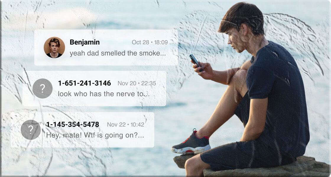 Split-screen image showing an iPhone and Android phone side by side, each displaying a messaging app interface, representing the cross-platform challenge of monitoring child text messages on different devices