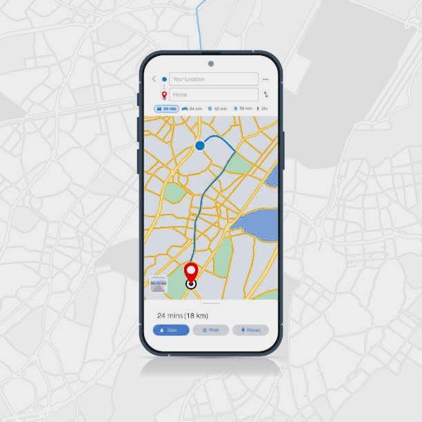Overhead view of three smartphones (Android, Samsung, and iPhone) arranged side by side, each displaying a map with a GPS location pin, representing the three major native GPS tracking platforms